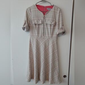 Shelby & Palmer Beige Plaid Dress with Pink Accent